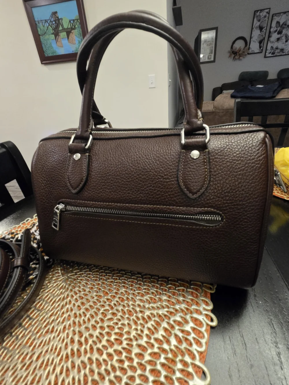 Coach Dark Brown Pebbled Leather Satchel with Scarf Accent